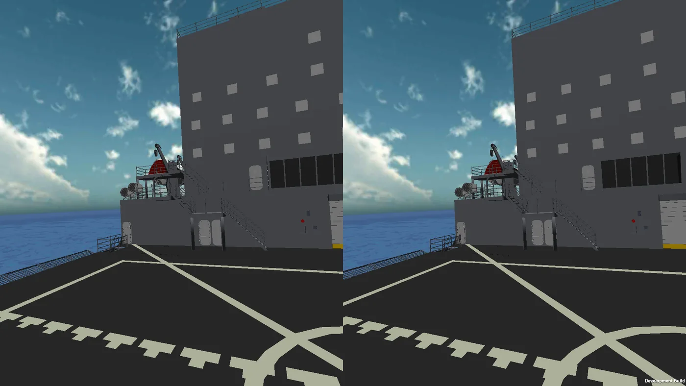 Screenshot of an Android VR application showing a 3D ship environment