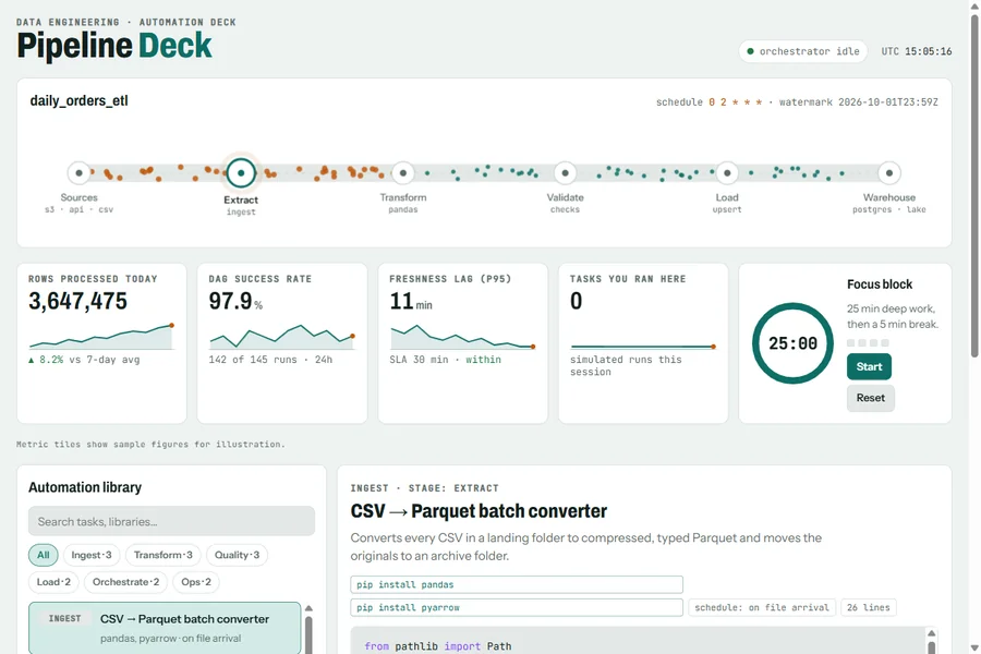 Pipeline Deck with an animated ETL pipeline, metric tiles, a focus timer, and the automation script library