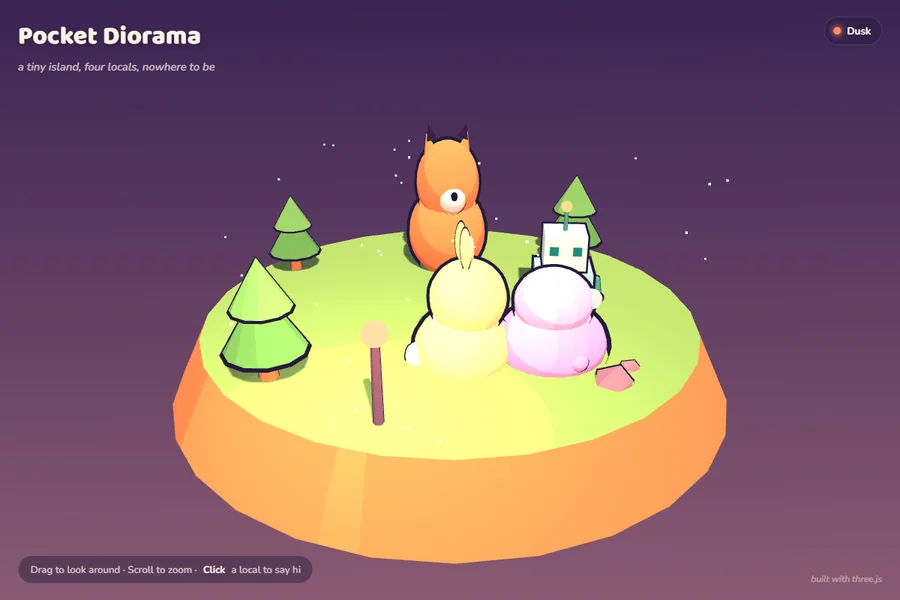 A dusk-lit 3D floating island with trees, a lantern, and four cartoon characters